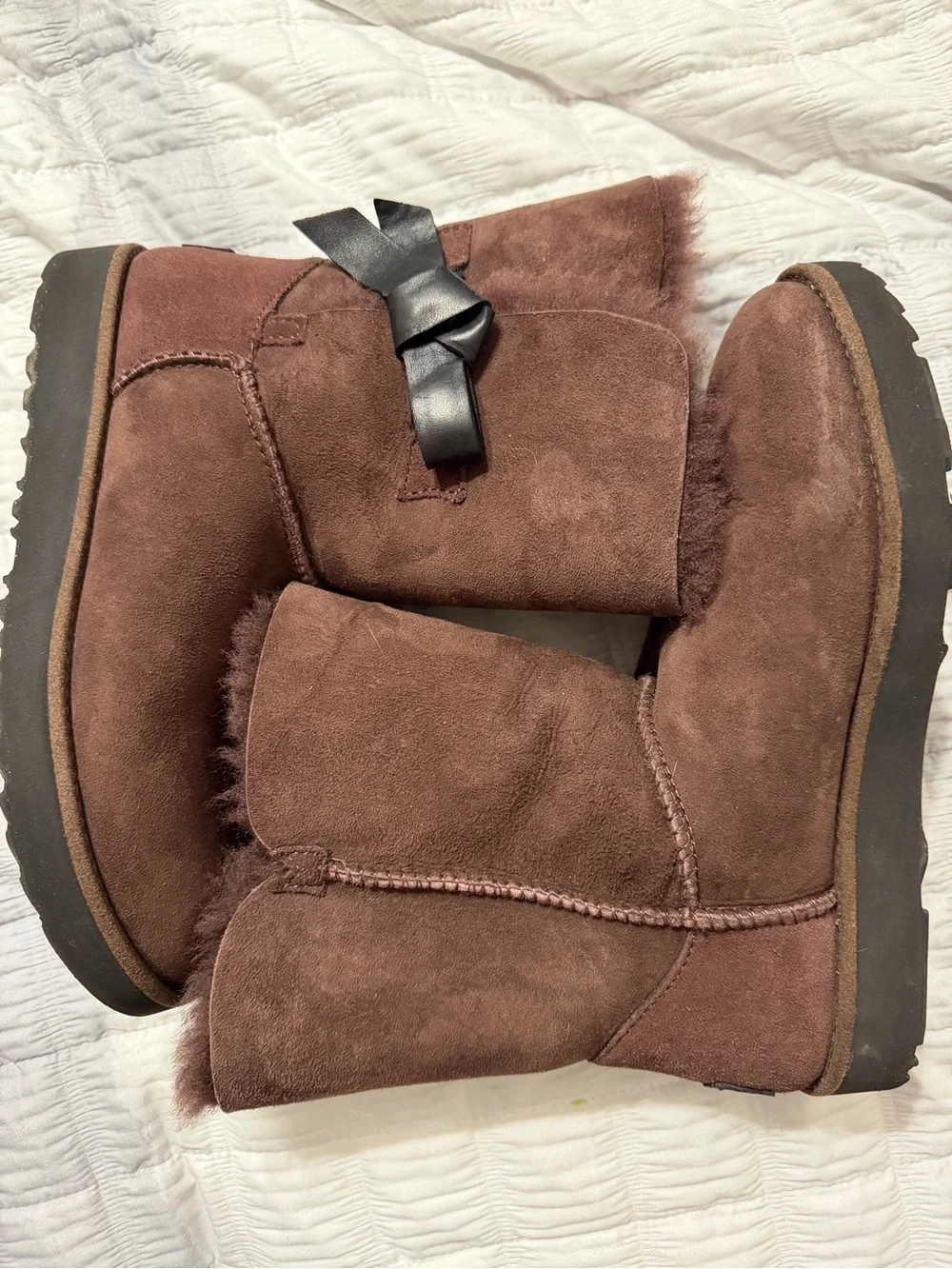 UGG Chocolate Brown Suede Mid-Calf Boots with Bow